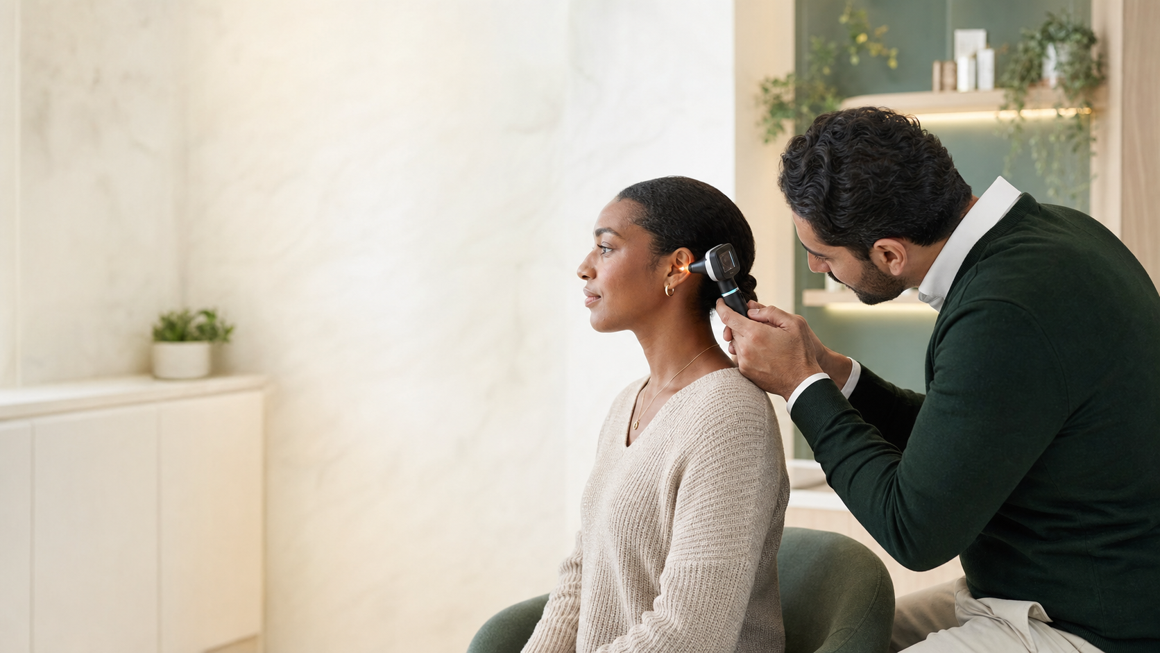 A pharmacist carrying out a professional digital ear examination